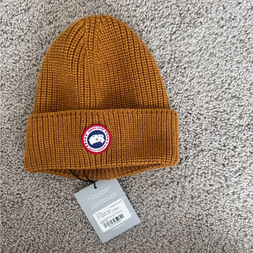 Canada Goose Mustard Knit Beanie with Logo